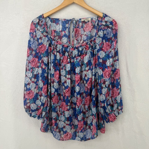 Umgee Tops - Umgee Floral Blouse Womens Large Blue Pink Metallic Smocked Square Neck Top